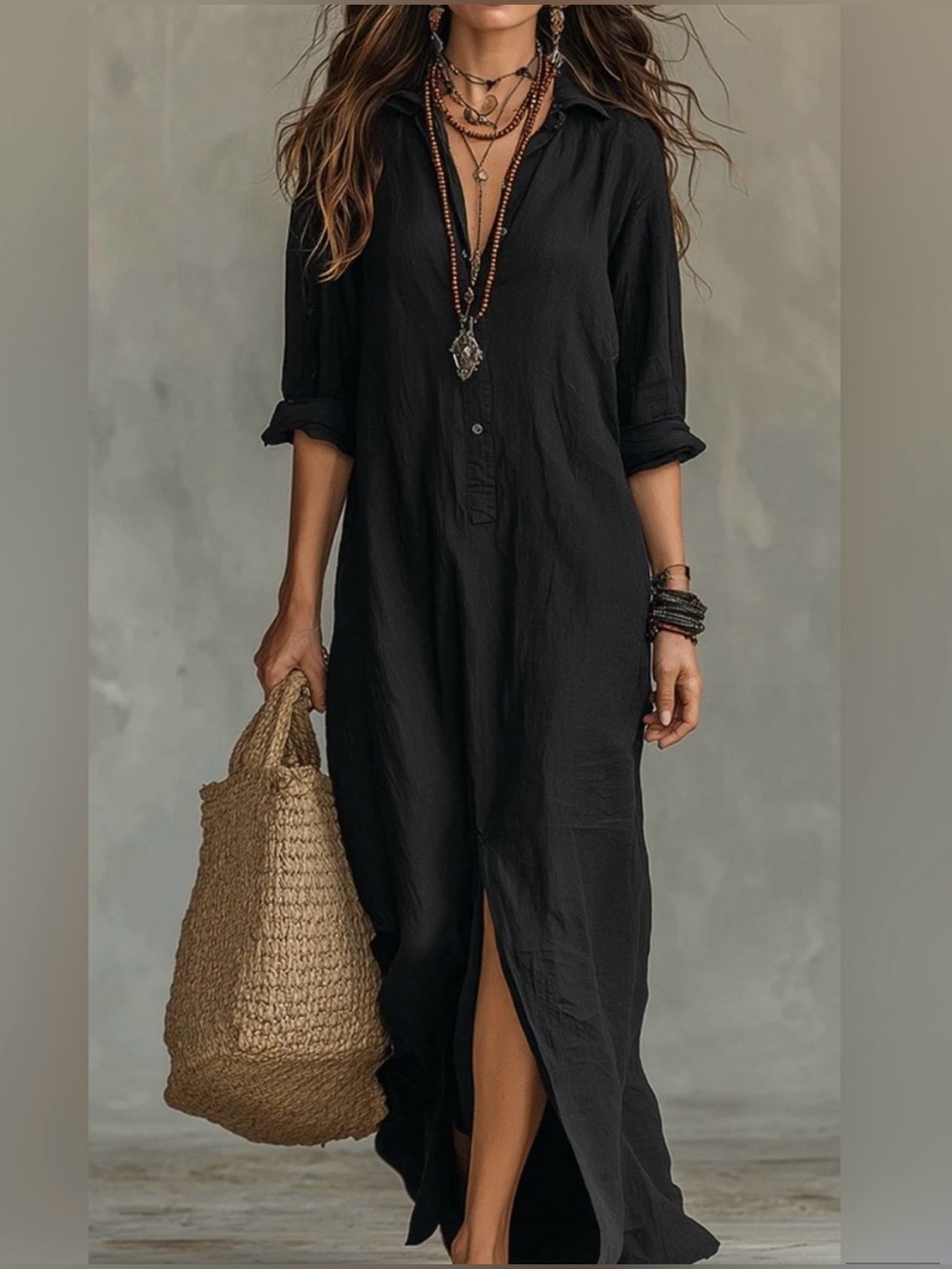 Black Bohemian Button-Front Maxi Shirt Dress